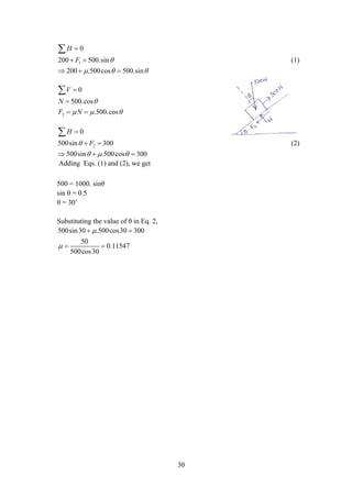 30
1
0
200 500.sin
200 .500cos 500.sin
H
F 
  

 
  

(1)
2
0
500.cos
.500.cos
V
N
F N

  


 

2
0
500sin 300
500sin .500cos 300
H
F
  

 
  

(2)
Adding Eqs. (1) and (2), we get
500 = 1000. sinθ
sin θ = 0.5
θ = 30˚
Substituting the value of θ in Eq. 2,
500sin30 .500cos30 300 
50
0.11547
500cos30
  
 