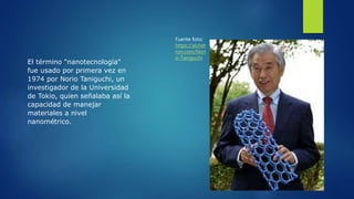 El término "nanotecnología"
fue usado por primera vez en
1974 por Norio Taniguchi, un
investigador de la Universidad
de Tokio, quien señalaba así la
capacidad de manejar
materiales a nivel
nanométrico.
Fuente foto;
https://alchet
ron.com/Nori
o-Taniguchi
 