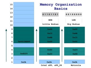 15                Memory Organization
14                       Basics
13
                   0 1 1 0 1 1 0 1    0 0 1 0 0 0 0 0
12

11                      MSB                LSB

10                 Little Endian       Big Endian

 9                     0x46                 0x69

 8                     0x1D                 0xAB

 7                     0xAB                 0x1D

 6   0x461DAB69
     0x461DAB69        0x69                 0x46

 5

 4                     0x6D                 0x20

 3    0x6D20           0x20                 0x6D

 2

 1     0x2A
       0x2A           0x2A                  0x2A
                  Intel x86, x86_64       Motorola
 