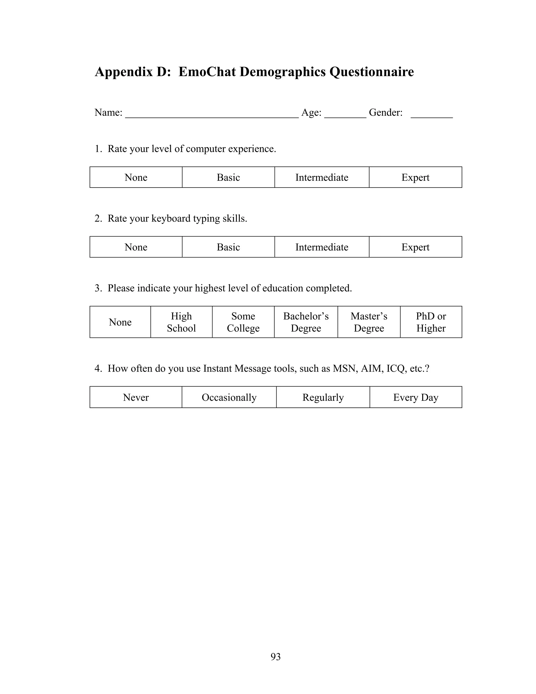 Appendix D: EmoChat Demographics Questionnaire

Name: _________________________________ Age: ________ Gender: ________


1. Rate your level of computer experience.

       None                  Basic              Intermediate               Expert


2. Rate your keyboard typing skills.

       None                  Basic              Intermediate               Expert


3. Please indicate your highest level of education completed.

                  High          Some          Bachelor’s       Master’s       PhD or
   None
                 School        College         Degree          Degree         Higher


4. How often do you use Instant Message tools, such as MSN, AIM, ICQ, etc.?

      Never               Occasionally            Regularly               Every Day




                                         93
 