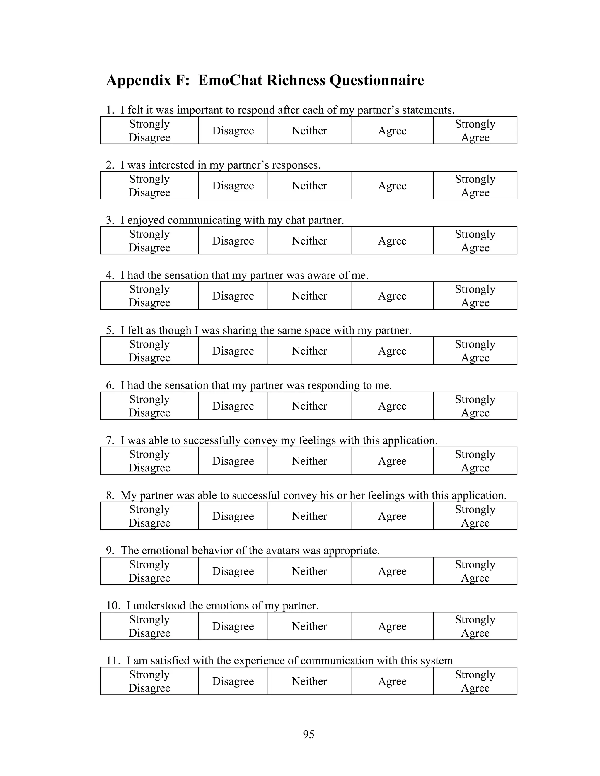 Appendix F: EmoChat Richness Questionnaire
1. I felt it was important to respond after each of my partner’s statements.
     Strongly                                                                Strongly
                        Disagree         Neither           Agree
     Disagree                                                                 Agree

2. I was interested in my partner’s responses.
     Strongly                                                               Strongly
                       Disagree         Neither            Agree
     Disagree                                                                Agree

3. I enjoyed communicating with my chat partner.
     Strongly                                                               Strongly
                    Disagree        Neither                Agree
     Disagree                                                                Agree

4. I had the sensation that my partner was aware of me.
     Strongly                                                               Strongly
                       Disagree         Neither         Agree
     Disagree                                                                Agree

5. I felt as though I was sharing the same space with my partner.
     Strongly                                                               Strongly
                       Disagree          Neither         Agree
     Disagree                                                                Agree

6. I had the sensation that my partner was responding to me.
     Strongly                                                               Strongly
                       Disagree         Neither          Agree
     Disagree                                                                Agree

7. I was able to successfully convey my feelings with this application.
     Strongly                                                               Strongly
                       Disagree       Neither             Agree
     Disagree                                                                Agree

8. My partner was able to successful convey his or her feelings with this application.
    Strongly                                                               Strongly
                     Disagree          Neither           Agree
    Disagree                                                                Agree

9. The emotional behavior of the avatars was appropriate.
    Strongly                                                                Strongly
                     Disagree         Neither           Agree
    Disagree                                                                 Agree

10. I understood the emotions of my partner.
     Strongly                                                               Strongly
                      Disagree        Neither              Agree
     Disagree                                                                Agree

11. I am satisfied with the experience of communication with this system
     Strongly                                                            Strongly
                       Disagree         Neither         Agree
     Disagree                                                             Agree


                                          95
 
