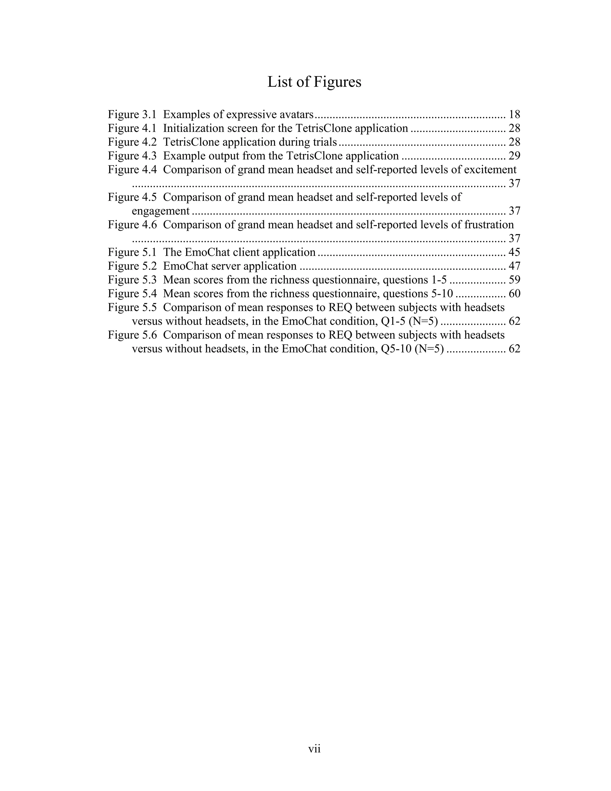 List of Figures
Figure 3.1 Examples of expressive avatars ................................................................ 18
Figure 4.1 Initialization screen for the TetrisClone application ................................ 28
Figure 4.2 TetrisClone application during trials ........................................................ 28
Figure 4.3 Example output from the TetrisClone application ................................... 29
Figure 4.4 Comparison of grand mean headset and self-reported levels of excitement
    ............................................................................................................................. 37
Figure 4.5 Comparison of grand mean headset and self-reported levels of
    engagement ......................................................................................................... 37
Figure 4.6 Comparison of grand mean headset and self-reported levels of frustration
    ............................................................................................................................. 37
Figure 5.1 The EmoChat client application ............................................................... 45
Figure 5.2 EmoChat server application ..................................................................... 47
Figure 5.3 Mean scores from the richness questionnaire, questions 1-5 ................... 59
Figure 5.4 Mean scores from the richness questionnaire, questions 5-10 ................. 60
Figure 5.5 Comparison of mean responses to REQ between subjects with headsets
    versus without headsets, in the EmoChat condition, Q1-5 (N=5) ...................... 62
Figure 5.6 Comparison of mean responses to REQ between subjects with headsets
    versus without headsets, in the EmoChat condition, Q5-10 (N=5) .................... 62




                                                                vii
 