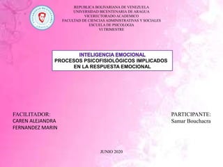 REPUBLICA BOLIVARIANA DE VENEZUELA
UNIVERSIDAD BICENTENARIA DE ARAGUA
VICERECTORADO ACADEMICO
FACULTAD DE CIENCIAS ADMINISTRATIVAS Y SOCIALES
ESCUELA DE PSICOLOGIA
VI TRIMESTRE
JUNIO 2020
PARTICIPANTE:
Samar Bouchacra
FACILITADOR:
CAREN ALEJANDRA
FERNANDEZ MARIN
PROCESOS PSICOFISIOLÓGICOS IMPLICADOS
EN LA RESPUESTA EMOCIONAL
 