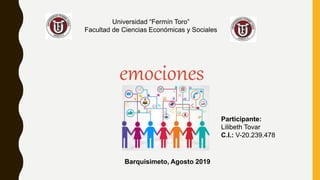 Universidad “Fermín Toro”
Facultad de Ciencias Económicas y Sociales
Participante:
Lilibeth Tovar
C.I.: V-20.239.478
Barquisimeto, Agosto 2019
emociones
 