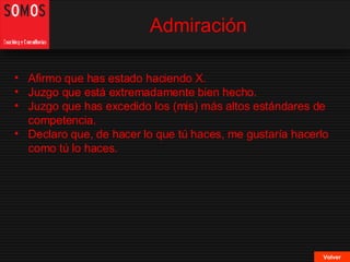 Afirmo que has estado haciendo X. Juzgo que está extremadamente bien hecho. Juzgo que has excedido los (mis) más altos estándares de competencia. Declaro que, de hacer lo que tú haces, me gustaría hacerlo como tú lo haces. Admiración Volver 