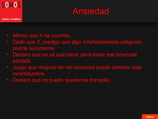 Ansiedad Volver Afirmo que X ha ocurrido. Dado que X, predigo que algo indefinidamente peligroso podría sucederme. Declaro que no sé qué hacer para evitar esa potencial pérdida. Juzgo que ninguna de mis acciones puede cambiar esta incertidumbre. Declaro que no puedo quedarme tranquilo. 