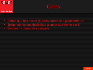 Celos Volver Afirmo que has hecho (o estás haciendo o planeando) X. Juzgo que es una deslealtad al amor que siento por ti. Declaro mi deseo de castigarte. 