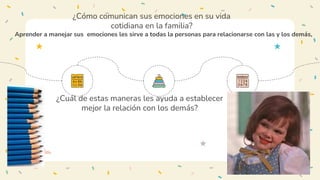¿Cómo comunican sus emociones en su vida
cotidiana en la familia?
¿Cuál de estas maneras les ayuda a establecer
mejor la relación con los demás?
Aprender a manejar sus emociones les sirve a todas la personas para relacionarse con las y los demás,
 