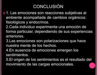 CONCLUSIÓN
 1. Las emociones son reacciones subjetivas al
ambiente acompañada de cambios orgánicos:
fisiológicos y endocrinos.
2.Cada individuo experimenta una emoción de
forma particular, dependiendo de sus experiencias
anteriores.
3.Las emociones son polarizaciones que hace
nuestra mente de los hechos.
4.En ausencia de emociones emergen los
sentimientos.
5.El origen de los sentimientos es el resultado del
movimiento de las cargas emocionales.
 