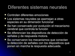 Diferentes sistemas neuralesDiferentes sistemas neurales
 Controlan diferentes emocionesControlan diferentes emociones
 Los sistemas neurales se asemejan a otrasLos sistemas neurales se asemejan a otras
especies en su dimensión funcionalespecies en su dimensión funcional
 Se han conservado por evolución el mecanismoSe han conservado por evolución el mecanismo
cerebral que controla la funcióncerebral que controla la función
 Se diferencian los dispositivos de detección deSe diferencian los dispositivos de detección de
señales y de respuesta motora.señales y de respuesta motora.
 Se conservaron los mecanismos que conectanSe conservaron los mecanismos que conectan
la detección de señales con los dispositivos quela detección de señales con los dispositivos que
ponen en marcha la respuesta adecuada.ponen en marcha la respuesta adecuada.
1717
 