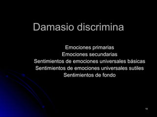 Damasio discriminaDamasio discrimina
Emociones primariasEmociones primarias
Emociones secundariasEmociones secundarias
Sentimientos de emociones universales básicasSentimientos de emociones universales básicas
Sentimientos de emociones universales sutilesSentimientos de emociones universales sutiles
Sentimientos de fondoSentimientos de fondo
1919
 