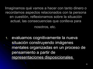 Imaginamos qué vamos a hacer con tanto dinero oImaginamos qué vamos a hacer con tanto dinero o
recordamos aspectos relacionados con la personarecordamos aspectos relacionados con la persona
en cuestión, reflexionamos sobre la situaciónen cuestión, reflexionamos sobre la situación
actual, las consecuencias que conlleva paraactual, las consecuencias que conlleva para
nosotros, etc.nosotros, etc.
1.1. evaluamos cognitivamente la nuevaevaluamos cognitivamente la nueva
situación construyendo imágenessituación construyendo imágenes
mentales organizadas en un proceso dementales organizadas en un proceso de
pensamiento a partir depensamiento a partir de
representaciones disposicionalesrepresentaciones disposicionales
2626
 