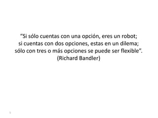 “Si sólo cuentas con una opción, eres un robot;
     si cuentas con dos opciones, estas en un dilema;
    sólo con tres o más opciones se puede ser flexible”.
                     (Richard Bandler)




5
 