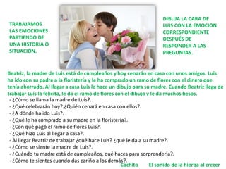 Beatriz, la madre de Luis está de cumpleaños y hoy cenarán en casa con unos amigos. Luis
ha ido con su padre a la floristería y le ha comprado un ramo de flores con el dinero que
tenía ahorrado. Al llegar a casa Luis le hace un dibujo para su madre. Cuando Beatriz llega de
trabajar Luis la felicita, le da el ramo de flores con el dibujo y le da muchos besos.
- ¿Cómo se llama la madre de Luis?.
- ¿Qué celebrarán hoy?.¿Quién cenará en casa con ellos?.
- ¿A dónde ha ido Luis?.
- ¿Qué le ha comprado a su madre en la floristería?.
- ¿Con qué pagó el ramo de flores Luis?.
- ¿Qué hizo Luis al llegar a casa?.
- Al llegar Beatriz de trabajar ¿qué hace Luis? ¿qué le da a su madre?.
- ¿Cómo se siente la madre de Luis?.
- ¿Cuándo tu madre está de cumpleaños, qué haces para sorprenderla?.
- ¿Cómo te sientes cuando das cariño a los demás?.
TRABAJAMOS
LAS EMOCIONES
PARTIENDO DE
UNA HISTORIA O
SITUACIÓN.
DIBUJA LA CARA DE
LUIS CON LA EMOCIÓN
CORRESPONDIENTE
DESPUÉS DE
RESPONDER A LAS
PREGUNTAS.
El sonido de la hierba al crecer
Cachito
 