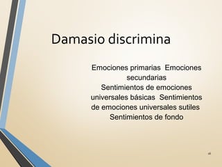 Damasio discrimina
16
Emociones primarias Emociones
secundarias
Sentimientos de emociones
universales básicas Sentimientos
de emociones universales sutiles
Sentimientos de fondo
 