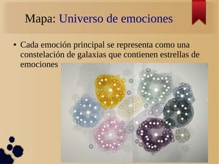 Mapa: Universo de emociones
● Cada emoción principal se representa como una
constelación de galaxias que contienen estrellas de
emociones
 
