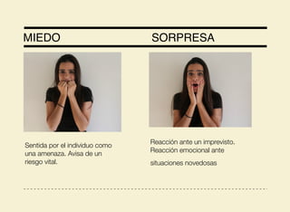 MIEDO SORPRESA
Sentida por el individuo como
una amenaza. Avisa de un
riesgo vital.
Reacción ante un imprevisto.
Reacción emocional ante
situaciones novedosas
 