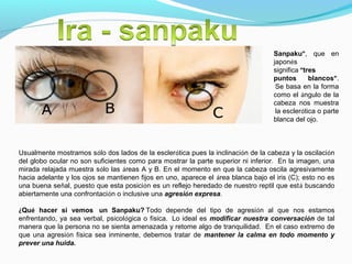 Sanpaku”, que en
japonés
significa “tres
puntos blancos”.
 Se basa en la forma
como el ángulo de la
cabeza nos muestra
 la esclerótica o parte
blanca del ojo.
Usualmente mostramos sólo dos lados de la esclerótica pues la inclinación de la cabeza y la oscilación
del globo ocular no son suficientes como para mostrar la parte superior ni inferior.  En la imagen, una
mirada relajada muestra sólo las áreas A y B. En el momento en que la cabeza oscila agresivamente
hacia adelante y los ojos se mantienen fijos en uno, aparece el área blanca bajo el iris (C); esto no es
una buena señal, puesto que esta posición es un reflejo heredado de nuestro reptil que está buscando
abiertamente una confrontación o inclusive una agresión expresa.
¿Qué hacer si vemos  un Sanpaku? Todo depende del tipo de agresión al que nos estamos
enfrentando, ya sea verbal, psicológica o física.  Lo ideal es modificar nuestra conversación de tal
manera que la persona no se sienta amenazada y retome algo de tranquilidad.  En el caso extremo de
que una agresión física sea inminente, debemos tratar de mantener la calma en todo momento y
prever una huida.
 