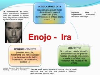 Guido Enrique Ceballos Huertas
Psicólogo y Licenciado en Informática Valor de señal: estado actual de la persona, cómo se puede
reaccionar ante ella, qué esta viviendo o pensando:
gesticulaciones, posturas o voz.
La supervivencia: El miedo,
ofrece mecanismos necesarios
como para defender su espacio
vital y resguardarse cuando intuye
alguna situación de peligro.
Organizar ideas y
experiencias: bueno/malo,
fácil/difícil, triste/alegre.
Guido Enrique Ceballos Huertas
Psicólogo y Licenciado en Informática
 