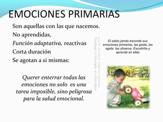 EMOCIONES PRIMARIAS
Son aquellas con las que nacemos.
No aprendidas,
Función adaptativa, reactivas
Corta duración
Se agotan a si mismas:
Querer enterrar todas las
emociones no solo es una
tarea imposible, sino peligrosa
para la salud emocional. GuidoEnriqueCeballosHuertas
PsicólogoyLicenciadoenInformática
El sabio jamás esconde sus
emociones primarias, las gasta, las
agota, las observa. Escudriña y
aprende en ellas
 