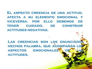 El aspecto creencia de una actitud,
afecta a su elemento emocional y
viceversa. por ello debemos de
tener    cuidado,    de  construir
actitudes negativas.


Las creencias son los enunciados
hechos palabra, que acompañan los
aspectos   emocionales   de   las
actitudes.
 