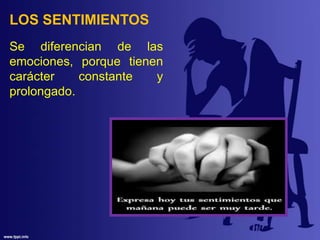 LOS SENTIMIENTOS
Se diferencian de las
emociones, porque tienen
carácter constante y
prolongado.
 