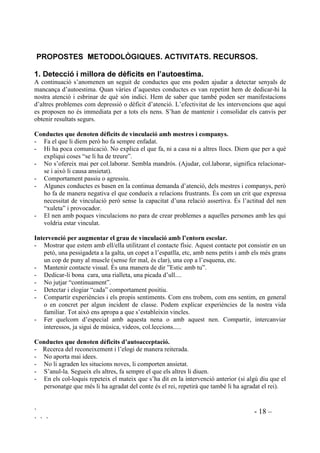 ` - 18 –
` ` `
3523267(6 0(72'2/Ñ*,48(6 $7,9,7$76 5(85626
 'HWHFFLy L PLOORUD GH GqILFLWV HQ O¶DXWRHVWLPD
A continuació s’anomenen un seguit de conductes que ens poden ajudar a detectar senyals de
mancança d’autoestima. Quan vàries d’aquestes conductes es van repetint hem de dedicar-hi la
nostra atenció i esbrinar de què són indici. Hem de saber que també poden ser manifestacions
d’altres problemes com depressió o dèficit d’atenció. L’efectivitat de les intervencions que aquí
es proposen no és immediata per a tots els nens. S’han de mantenir i consolidar els canvis per
obtenir resultats segurs.
RQGXFWHV TXH GHQRWHQ GqILFLWV GH YLQFXODFLy DPE PHVWUHV L FRPSDQV
- Fa el que li diem però ho fa sempre enfadat.
- Hi ha poca comunicació. No explica el que fa, ni a casa ni a altres llocs. Diem que per a què
expliqui coses “se li ha de treure”.
- No s’ofereix mai per col.laborar. Sembla mandrós. (Ajudar, col.laborar, significa relacionar-
se i això li causa ansietat).
- Comportament passiu o agressiu.
- Algunes conductes es basen en la continua demanda d’atenció, dels mestres i companys, però
ho fa de manera negativa el que condueix a relacions frustrants. És com un crit que expressa
necessitat de vinculació però sense la capacitat d’una relació assertiva. És l’actitud del nen
“xuleta” i provocador.
- El nen amb poques vinculacions no para de crear problemes a aquelles persones amb les qui
voldria estar vinculat.
,QWHUYHQFLy SHU DXJPHQWDU HO JUDX GH YLQFXODFLy DPE O¶HQWRUQ HVFRODU
- Mostrar que estem amb ell/ella utilitzant el contacte físic. Aquest contacte pot consistir en un
petó, una pessigadeta a la galta, un copet a l’espatlla, etc, amb nens petits i amb els més grans
un cop de puny al muscle (sense fer mal, és clar), una cop a l’esquena, etc.
- Mantenir contacte visual. És una manera de dir ”Estic amb tu”.
- Dedicar-li bona cara, una rialleta, una picada d’ull....
- No jutjar “continuament”.
- Detectar i elogiar “cada” comportament positiu.
- Compartir experiències i els propis sentiments. Com ens trobem, com ens sentim, en general
o en concret per algun incident de classe. Podem explicar experiències de la nostra vida
familiar. Tot això ens apropa a que s’estableixin vincles.
- Fer quelcom d’especial amb aquesta nena o amb aquest nen. Compartir, intercanviar
interessos, ja sigui de música, videos, col.leccions.....
RQGXFWHV TXH GHQRWHQ GqILFLWV G¶DXWRDFFHSWDFLy
- Recerca del reconeixement i l’elogi de manera reiterada.
- No aporta mai idees.
- No li agraden les situcions noves, li comporten ansietat.
- S’anul-la. Segueix els altres, fa sempre el que els altres li diuen.
- En els col-loquis repeteix el mateix que s’ha dit en la intervenció anterior (si algú diu que el
personatge que més li ha agradat del conte és el rei, repetirà que també li ha agradat el rei).
 