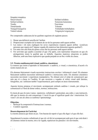 ` - 23 –
` ` `
Simpàtic/simpàtica
Sincer/sincera Solidari/solidària
Solitari/solitària Temorenc/temorenca
Tendre Tens/tensa
Tímid/tímida Tolerant
Tranquil/tranquil.la Treballador/treballadora
Valent/valenta Vergonyós/vergonyosa
Per comprendre cadascuna de les qualitats seguirem els següents passos:
1. Donar una definició senzilla de l’atribut.
2. Proporcionar exemples de la manera de ser de les persones amb aquest atribut.
3. Les nenes i els nens expliquen les seves experiències respecte aquest atribut (conèixen
persones que siguin així? alguna vegada ells mateixos han demostrat aquesta qualitat?)
4. Fer entre tots una llista de quines coses fan les persones amb aquest atribut.
5. Fer activitats que ajudin a assentar el que s’ha après, com representar situacions en que els
protagonistes tenen la qualitat que es treballa. Aquestes mateixes situacions es poden
dibuixar, amb una frase explicativa que queda penjada en un lloc visible de classe.
 7qFQLFD PXOWLVHQVRULDO YLVXDO DXGLWLYD FLQHVWqVLFD 