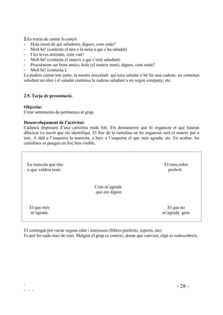 ` - 27 –
` ` `
 $XWRLQVWUXFFLy
2EMHFWLX
Fer servir el llenguatge intern per desenvolupar un autoconcepte positiu.
'HVHQYROXSDPHQW GH O¶DFWLYLWDW
Hem d’explicar als nois i noies com, sense adornar-nos, sempre estem pronunciant paraules per
dins. És un mecanisme que funciona sol. Nosaltres podem convertir aquest mecanisme en
conscient quan ens parlem a nosaltres mateixos de manera volguda. A vegades ens parlem per
dir-nos paraules no gaire boniques com: “Sóc un desastre”. “Caic malament a tothom”. “Ho faig
tot malament”, etc.
Els explicarem que a partir d’ara hauran d’aprendre a dir-se coses boniques com: “Sóc una
persona agradable”. “Sé ser bona amiga”. “Sé dir la veritat”. “Sóc una persona sinzera”
(ajustarem les autoverbalitzacions als dèficits en autoestima que haguem detectat) i que això els
servirà per animar-se i per estar més bé amb ells mateixos.
Aquesta activitat és aconsellable fer-la en privat. Davant del grup, qui té mancances d’autoestima
es pot sentir molt avegonyit. Els farem dir en veu alta aquelles frases que creiem que els aniran
bé. Primer les haurà dit la mestra tot posant exemples de quan pot necessitar aquesta
autoverbalització. Per exemple: Quan les amigues em giren l’esquena m’he de dir : “Jo sóc bona
persona. Sóc bona amiga.” A veure, ara digues-ho tu. Els exemples que posem seran
contextualitzats de manera que el nen o la nena amb qui estem treballant s’hi vegin reflexats.
Caldrà anar-ne parlant per veure si ho practica i si es creu el que es diu a ell mateix o a ella
mateixa.
 (O QRP
El fet de conèixer els noms dóna seguretat, tant als alumnes com als mestres. En dir a una
persona pel seu nom s’estableix contacte, és una manera de crear lligams, d’iniciar compromisos.
Aquesta activitat està pensada per crear lligams entre els membres d’un grup i també per la
primera presa de contacte del mestre amb els nens i nenes, sobre tot pels especialistes donada la
poca relació que acostumen a tenir amb els alumnes. És molt adient en començár cada trimestre,
fer aquestes activitats.
2EMHFWLX
Crear vincles.
'HVHQYROXSDPHQW GH O¶DFWLYLWDW
Tots seiem en rotllana. Disposem d’una pilota que ens l’anem passant tot saludant pel seu nom
al nen o la nena : “Bon dia, Joana” . Qui rep la pilota contesta a qui li ha tirat també pel seu nom:
“Bon dia, Anna”. Cadascú després d’haver tornat la salutació tira la pilota a un altre tot saludant
pel nom i així successivament. Caldrà fer esforços per a que la pilota no la rebi vàries vegades la
mateixa persona.
 
