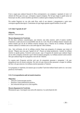 ` - 29 –
` ` `
 4Xq GLXHQ GH QRVDOWUHV
2EMHFWLX
Afavorir l’autoimatge positiva.
'HVHQYROXSDPHQW GH O¶DFWLYLWDW
S’asseuen tots en rotllana. La mestra tira una pilota a una nena o a un nen i immediatament que
l’entoma els dos companys que té asseguts a cada costat li han de dir una qualitat positiva. Ara el
que té la pilota la tira a algú altre de la rotllana que rebrà també qualitats per cada costat. Així es
va fent fins que tothom ha tingut la pilota. Cal recordar que no es pot tirar la pilota dues vegades
a la mateixa persona.
Caldrà haver treballat el significat de qualitats. Se’n poden deixar unes quantes d’apuntades a la
pissarra. El grau de complexitat del vocabulari que emprem dependrà de l’edat i de com tinguin
assolit el més bàsic. Per començar podem utilitzar: simpàtic/simpàtica, carinyós/carinyosa,
responsable, sinzer/sinzera, amable
 -R VyF
2EMHFWLX
Reforçar l’autoconcepte posotiu.
'HVHQYROXSDPHQW GH O¶DFWLYLWDW
Primerament es treballa el significat d’algunes qualitats de la manera de ser.
Es dibuixen ells mateixos i a sota el dibuix escriuen:
“Jo sóc ....” i apunten tres qualitats.
La mestra ensenya cada dibuix i també ho llegeix en veu alta. Els companys han d’endevinar de
qui es tracta.
Aquest treball es deixa en un lloc visible de la classe i es convida a mirar-lo.
 )LW[D GH TXDOLWDWV
2EMHFWLXV
- Coneixement d’un mateix de manera objetiva i positiva.
- Conèixer, el mestre, quina imatge té cadascú d’ell mateix.
'HVHQYROXSDPHQW GH OD O¶DFWLYLWDW
Prepararem una fitxa descriptiva de cada nen, sense el nom, amb un nombre ben visible. Hi
escriurem aquelles qualitats positives que posseeix, senyalant també les característiques originals
de cadascú (agudesa, aptitud, habilitats, originalitat, etc). S’exposaran totes les fitxes. Tothom les
llegirà buscant la pròpia, anotant el seu nom i el nombre que creu que li correspon.
 