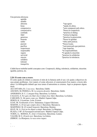 ` - 33 –
` ` `
Creus que quan t’enfades, t’enfades amb raó?
Es veritat que tens una amiga, o un amic?
És veritat que no tens cap amic ni cap amiga?
És veritat que tens molts amics i amigues?
Vols ser un bon futbolista i ho ets?
Voldries ser un bon futbolista i no ho ets?
Voldries ser un bon futbolista i n’estàs aprenent?
Ets amiga, o amic dels mestres?
Ets amic, o amiga, d’algun, o d’alguna mestra?
És veritat que no ets gens amic de cap mestre?
Compte amb les preguntes en afirmatiu i/o en negatiu que poden comportar problemes de
comprensió. Caldrà que ens assegurem que tots ho entenen.
 'H TXL pV FDGD REMHFWH
2EMHFWLX
Crear vincles amb el grup.
'HVHQYROXSDPHQW GH O¶DFWLYLWDW
Tots els nens i nenes seuen en rotllana, ja sigui a terra o amb cadira. Una persona del grup surt
fora de la classe. Mentre, tohom deixa algun objecte seu (diadema, ulleres, bata, sabata, etc) al
centre de la rotllana i n’agafa un altre que no sigui seu per posar-se’l tot seguit. Feta tota aquesta
operació es fa entrar al que estava esperant a fora i haurà de descobrir els intercanvis que s’han
produit.
 4XDOLWDWV L YDORUV
Sovint hi ha infants que posseeixen unes qualitats i uns valors no apreciats pels companys. Cal
donar’ls rellevància per a que tots siguin capaços de valorar aquests aspectes.
2EMHFWLX
Constatar que la tinença d’uns valors fonamenta la manera de ser d’una persona.
'HVHQYROXSDPHQW GH O¶DFWLYLWDW
Després de tenir introduits i treballats uns quants atributs personals podrem demanar que
relacionin qualitats i valors. És convenient emmarcar l’acivitat en un intercanvi d’opinions entre
tot el grup.
Alguns exemples, per relacionar amb fletxes:
 