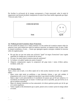 ` - 45 –
` ` `
Quan ja estiguem finalitzant el programa es pot demanar que uneixin antònims de la següent
llista:
Trist * * Amor
Furiós * * Acceptat
Espantat* * Compassiu
Nerviós* * Esperançat
Egoista* * Orgullós
Avorrit * * Segur (d’un mateix)
Tímid * * Encuriosit
Avergonyit * * Generós
Malintencionat * * Feliç
Frustrat * * Segur (sense perill)
Rebutjat* * Relaxat
Odi * * Tranquil
 7qFQLFD GH OHV FDUHV
Algunes vegades no sabem què ens passa, no sabem com ens sentim. Quan ens trobem així el
que millor va és parar-se i, tot pensant, intantar entendre el que està passant per dins nostre.
La utilització de la tècnica de les cares permet examinar, durant tota la jornada escolar, el propi
estat anímic, així com la generalització i l’ús del vocabulari après, a l’hora que fomenta la
comunicació interpersonal de sentiments. Es tracta de proveir a cada alumne d’imatges
representatives de cada sentiment o emoció que vulguem treballar.
Les imatges reforcen la memorització del nou vocabulari ja que permeten relacionar expressions
visuals, auditives i la pròpia experiència. En presentar les imatges farem notar quins són els trets
físics que evidencien l’emoció.
Aquestes imatges cadascú se les guarda al seu calaix menys una, la corresponent a com se sent,
que es posarà sobre la taula. Vàries vegades, durant el dia haurem de demanar que canviïn la
imatge segons com se sentin en aquell moment. Per fer-ho els demanarem que aturin tot el que
estan fent, i que pensin per uns moments com se senten per dins.Aquesta tècnica es recomanable
en moments específics del dia, en arribar de casa, matí i tarda, en tornar del pati, o en aquells
moments en que la canalla està especialment esverada o tensa. A través d’aquest procés els
alumnes aprendran a supervisar els seus estats emocionals i reben el missatge de que és
important que ho comuniquin. Desprès, quan vagi bé, ja sigui individualment, o amb tota la
classe, parlarem d’aquells sentiments que creiem que necessiten la nostra intervenció més
específica. Aquest mètode és especialment útil pels nens i nenes molt tímids i pels que tenen
actituds agressives i que interfereixen negativament en la marxa de la classe.
És important que el professorat que intervé amb el grup tingui la seva pròpia col.lecció d’imatges
que anirà canviant igualment com ho fan els alumnes. Amb aquesta acció no només modelem
sinó que donem l’ oportunitat de que els nostres sentiments siguin tinguts en compte.
 