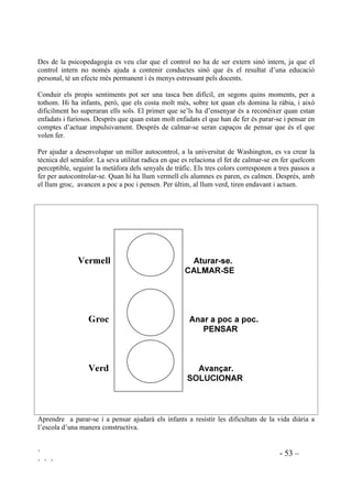 ` - 52 –
` ` `
/D YHX WDPEp HQV LQIRUPD GH FRP VH VHQW O¶DOWUD SHUVRQD
2EMHFWLX
- Percebre el to de veu, el ritme i l’entonació amb què es parla com a indicis del què
sent qui parla.
$FWLYLWDW 
La mestra parla donant l’esquena als alumnes amb frases o exclamacions que puguin tenir
diferents interpretacions - súplica, exhortació, prohibició, enuig, pànic, etc - segons el to que
se’ls doni, com: “Ës que no m’ho puc creure”. “Ho has fet”. “Ho sabies que no es podia fer
això?” “Caram” “Ara no”. “No, no ho facis”... La mateixa frase es pot repetir amb diferents
entonacions. La canalla haurà d’endevinar el significat de la frase. A continuació expliquen
situacions en les que es produeixen aquestes emissions.
$FWLYLWDW 
Procedirem igual que en l’activitat  només que utilitzant una altra llengua que el grup no
entengui. Els preguntarem si, malgrat no comprendre el que s’està dient, saben com se sent la
persona que ho diu. Transmet alegria, preocupació, enuig, etc. Com ho sabem?
Es pot demanar la col.laboració d’algun company si és que no sabem una altra llengua.
$FWLYLWDW 
Posarem un vídeo d’en Pingu, sense que es vegi la imatge. En aquesta sèrie de pel.lícules
infantils, surten uns personatges animats, de plastilina, que parlen un llenguatge desconegut però
per a tots intel.ligible gràcies a la comprensió de veu i imatge.
Abans de començar explicarem que intentarem saber com se senten els personatges, tot escoltant
la seva veu, així com una aproximació a les situacions. Es pot esbrinar que el pare renya, que el
nen demana alguna cosa, que li ha passat alguna cosa que el fa plorar, està content, la mare té
una sorpresa, etc. Si no es coneix la sèrie se’n podria veure algun vídeo abans de començar
l’activitat per identificar les veus, val a dir que són fàcilment identificables. Si els infants saben
escriure, aniran apuntant el que creguin esbrinar, sinó, es pot anar parant a intervals i anar dient
el que creuen haver sentit. Posteriorment veurem tot el vídeo amb veu i imatge.
 $XWRFRQWURO 7qFQLFD GHO VHPjIRU
El saber menar els propis impulosos és un signe de maduresa personal. Els infants que no tenen
aquesta habilitat no soporten ni el fracàs ni la frustració, el que els comporta estar immersos en
una cadena contínua de conflictes. El seu comportament sovint es veu reforçat pels mateixos
companys quan responen també amb agressivitat.
En general la resposta del professorat davant d’aquest alumnat està basada en diferents mesures
punitives i d’exclusió amb l’intent de controlar aquests comportaments. Sovint amb aquestes
mesures, no només no s’aconsegueixen els resultats desitjats sinó que es deteriora, cada vegada
més, la situació.
 