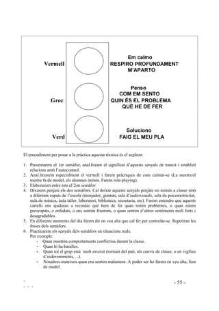 ` - 54 –
` ` `
Cal deixar clar que no es pretén aconseguir conductes passives, ni negar els sentiments, sinó
persones actives que, reconeixent i acceptant els propis sentiments, actuen per resoldre
conflictes.
Alguns alumnes afirmen que se senten bé quan s’enfaden. Això es deu a que confonen el sentir-
se enutjats amb el sentiment d’alliberament quan troben una sortida per descarregar-se. Una
vegada fem entendre aquesta diferència, podrem fer entendre que hi ha més sortides que el
deixar-se portar pels impulsos.
Explicarem que les emocions són senyals. Algunes vegades aquests senyals ens indiquen que ens
hem de parar, que no podem avançar, tal com fan els vianants o els vehicles davant d’un semàfor
en vermell. Posarem, doncs, ènfasi en la importància del llum vermell. Explicarem que quan
tenim sentiments molt forts que no podem controlar, el primer que hem de fer és parar-nos i
calmar-nos. Entre tots farem una llista del que es pot fer per calmar-se. Per exemple:
• Respirar profundament.
• Apartar-se del lloc on s’ha produït el conflicte.
• Passejar.
• Cantar.
• Xiular.
• Comptar fins a deu.
• Parlar-se un mateix, donant-se instruccions.
Per aquells alumnes especialment impulsius o hiperactius, caldrà donar consignes clares de com
controlar els impulsos físics. Per exemple: Creuar els braços, o posar les mans a les butxaques, a
l’hora que es respira profundament.
Hi ha d’altres maneres de calmar-se. El fet d’elaborar una llista de possibilitats entre tots té com
a objectiu descobrir que hi ha maneres efectives de calmar-se quan un se sent fora de control.
D’aquesta llista els conduirem a escollir dues o tres maneres per calmar-se, les més adients per a
tots (no a tothom li serveix xiular, però si que és convenient per a tots l’apartar-se del lloc del
conflicte). Ho apuntarem en un altre semàfor que podria quedar així:
 