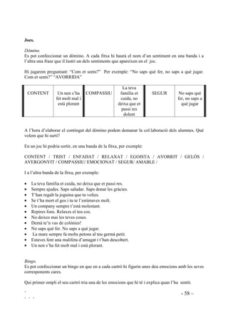 ` - 57 –
` ` `
 $OWUHV UHFXUVRV
3URMHFWHV
Es poden prendre temes que globalment contenen moltes situacions emocionals i trevallar-los
com a projecte de classe desenvolupant-ne diferents elements, lingüístics, socials i fins i tot
científics. Algunes propostes: L’amistat, la por, la broma, el racisme,l’amor, el sofriment ...
RQWHV
La literatura infantil pot servir com a material per estudiar els sentiments i comportaments dels
personatges. Podem identificar emocions, buscar paral.lelismes amb les nostres vivències, veure
la diferència entre sentiments i comportaments, veure com no tothom sent el mateix en la
mateixa situació, etc. Només cal remenar una mica per la biblioteca per trobar unes quantes
obres. Algunes referències:
ABEYÀ, E. 5RQGLQD TXH URQGLQDUjV Barcelona. La Galera.
ALCÀNTARA, R. 8L TXLQD SRU Barcelona. Edebé.
ALCÁNTARA, R. /¶RFD VRFD Barcelona. Edebé.
CARBÓ, J. /¶RFHOO PHUDYHOOyV Barcelona. Publicacions de l’Abadia de Montserrat.
COMPANY, M. 4XH SHVDGD OD YHUJRQD Barcelona. Timun Mas.
FERNÁNDEZ, C. RP JDW L JRV Barcelona. La Galera
LANUZA, E. /HV WUHV DYRUULGHV Barcelona. La Galera.
LEAF, M. )HUGLQDQGR HO WRUR Madrid. Ediciones Salamanca.
MARTÍNEZ, M. (O YHUPHOO LQRSRUW~ Barcelona. Destino.
MOSES, B. (VWLF HQIDGDW Barcelona. Baula.
MOSES, B. (VWLF WULVW Barcelona. Baula.
OLLÉ, M. A. 3HUz QR KR GLJXLV D QLQJ~. Barcelona. La Magrana
RODA, I. /HV EDOODULQHV GH OD QHX Barcelona. ING
SAINT MARS, D.; BLOCH, S. /D /LOt V¶HQIDGD DPE OD VHYD DPLJD Barcelona. La Galera.
SAINT MARS, D.; BLOCH, S. (OV SDUHV G¶HQ 0D[ L OD /LOt HV EDUDOOHQ Barcelona. La Galera.
SENNELL, J. (Q ;DYHLU Wp SRU Barcelona. La Galera.
TURIN, A.; BOSNIA, N. $UWXU L OHPHQWLQD Barcelona.Lumen.
WHYBROW, I. /RELWR DSUHQGH D VHU PDOR Madrid. S.M.
WILHELM, H. 8Q QRL IHUP FRP MR Barcelona. Juventut.
WILHELM, H. 7RUQHP D VHU DPLFV Barcelona. Juventut.
3HOOtFXOHV
Per identificar emocions i sentiments, senyals paralingüístics, comprovar la universalitat i la
individualitat de la vida emocional, etc, podem veure pel-lícules com: (O OOLEUH GH OD VHOYD
%ODQFDQHXV /D 9HQWDIRFV $Ot %DEi (O *HSHUXW GH 1RWUH 'DPH /¶DQHJXHW OOHLJ i els diferents
vídeos de’n 3LQJX
Després d’haver vist la pel.lícula, o una part, podem donar un llistat de les emocions que han
sortit, el nom dels personatges i demanarem que els relacionin. Podem parar la imatge i demanar
com se sent el personatge i com se sap.
 