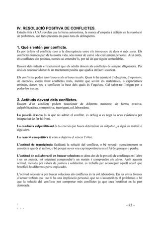 ` - 83 –
` ` `

2EMHFWLX
Empatitzar amb els educadors (pares i mestres).
$FWLYLWDW
Hauriem d’assegurar que tots els alumnes fessin el paper de l’adult en un moment o altre. El
paper que volen interpretar d’entrada el triaran ells però repetirem el rol-playing i llavors serem
nosaltres qui els ho indicarem. Per tot això cal portar-ne un registre.
Presentarem vàries situacions conflictives i es demanarà que les representin, lliurement. El tipus
de conflicte que proposem dependrà de l’edat, de manera que siguin situacions properes a ells.
Aquest tipus de situacions tan obertes és millor que les assagin abans de representar-les davant
dels companys.
Exemples:
1. La Maria no fa els deures fins a l’hora d’anar a dormir. (Personatges: mare, pare, Maria)
2. El Josep vol anar a dinar a casa d’un seu amic i els pares no el deixen perquè ningú no l’ha
convidat. (Personatges: mare, pare, Josep)
3. L’escola ha enviat molt mals informes a casa de la Sònia. (Personatges: pares i Sònia)
4. El Joan ha trencat un gerro amb un cop de pilota. (Personatges: Algú adult de la família i el
Joan).
5. La Marta sempre que ha de fer una feina que no li agrada, o bé no la fa o si la fa no para de
rondinar i no s’hi esforça gens. (Personatges: mestra i Marta)
6. El Jordi mai vol participar en les feines de casa. (Personatges: pares i Jordi)
7. La Fatima mai s’ofereix per ajudar a ningú, ni als companys ni als mestres. (Personatges:
companys, mestra i Fàtima)
 (O FRQWH FRP D UHFXUV
El conte permet a l’infant establir relacions entre un món imaginari i les pròpies vivències. Per a
nosaltres, els educadors, els conte és transmissor de valors educatius.
Alguns títols de la literatura infantil que incideixen sobre valors d’empatia:
ALCÀNTARA, R. 8L TXLQD SRU Barcelona. Edebé.
ALCÀNTARA, R. 7XOLQHW OHV VHW YLGHV GHO JDW Barcelona. Edelvives.
ALCÀNTARA, R. 4XL DMXGD D FDVD Barcelona. Baula.
ANDERSEN, H. C. /¶DQHJXHW OOHLJ Barcelona. La Galera.
ANDERSEN, H. C. (O URVVLQRO Barcelona. Destino.
ANDREU, M.; PIEROLA, M. /D VHQRUD GHVDVWUH Barcelona. Edebé.
CANNON, J. 6WHODOOXQD Barcelona. Juventut.
CASALDERREY, F. $ODV GH PRVFD SDUD $QJHO Madrid, Anaya.
GILMORE, R. /D PHYD PDUH pV UDUD Barcelona. Juventut.
JULIÀ, A. 8Q URPj DO VHJOH ;; Barcelona. La Galera.
TURIN, A.; BOSNIA, N. $UWXU L OHPHQWLQD Barcelona. Lumen.
VELTHUIJS, M. /D JUDQRWD L OD IRUDVWHUD Barcelona. Timun Mas.
 
