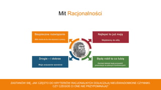 11
Bezpieczne rozwiązanie
Będę robił to co lubię
Najlepsi to już mają
Drogie – i dobrze
Nikt mnie za to nie wyrzuci z pracy. Wejdziemy do elity
Moje znaczenie wzrośnie
Zamiast tabelek będę prowadził
prezentacje na płatnych konferencjach
Mit Racjonalności
ZASTANÓW SIĘ, JAK CZĘSTO DO KRYTERIÓW RACJONALNYCH DOŁACZAJĄ NIEUŚWIADOMIONE CZYNNIKI.
CZY CZEGOŚ CI ONE NIE PRZYPOMINAJĄ?
 