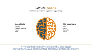 22
SZYBKI WOLNY
Nie lekceważ emocji, nie zapominaj o argumentacji
Mózg Gadzi
Estetyka
Pierwsze wrażenie
Intuicja
Moda
Kora czołowa
ROI
Cena
Potrzeby
Cechy
W PROCESACH DECYZYJNYCH BIORĄ UDZIAŁ OBIE CZĘŚCI.
PIERWOTNA REAGUJE SZYBCIEJ I MOŻE ZDOMINOWAĆ PROCES DECYZYJNY.
 