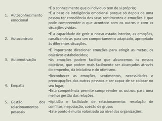 1. Autoconhecimento
emocional
•É o conhecimento que o indivíduo tem de si próprio;
•É a base da inteligência emocional porque só depois de uma
pessoa ter consciência dos seus sentimentos e emoções é que
pode compreender o que acontece com os outros e com as
situações vividas.
2. Autocontrolo
•É a capacidade de gerir o nosso estado interior, as emoções,
canalizando-as para um comportamento adaptado, apropriado
às diferentes situações.
3. Automotivação
•É importante direcionar emoções para atingir as metas, os
objetivos estabelecidos;
•As emoções podem facilitar que alcancemos os nossos
objetivos, que podem mais facilmente ser alcançados através
do empenho, da iniciativa e do otimismo.
4. Empatia
•Reconhecer as emoções, sentimentos, necessidades e
preocupações das outras pessoas e ser capaz de se colocar no
seu lugar;
•Esta competência permite compreender os outros, para uma
melhor gestão das relações.
5. Gestão dos
relacionamentos
pessoais
•Aptidão e facilidade de relacionamento: resolução de
conflitos, negociação, coesão de grupo;
•Este ponto é muito valorizado ao nível das organizações.
 