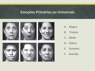 Emoções Primárias ou Universais
A. Alegria
B. Tristeza
C. Medo
D. Cólera
E. Surpresa
F. Aversão
1 2 3
4 5 6
 
