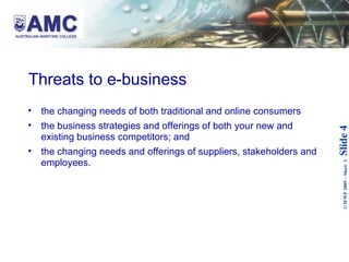 Threats to e-business the changing needs of both traditional and online consumers the business strategies and offerings of both your new and existing business competitors; and the changing needs and offerings of suppliers, stakeholders and employees. 