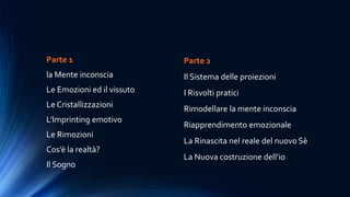 Parte 1
la Mente inconscia
Le Emozioni ed il vissuto
Le Cristallizzazioni
L’Imprinting emotivo
Le Rimozioni
Cos’è la realtà?
Il Sogno
Parte 2
Il Sistema delle proiezioni
I Risvolti pratici
Rimodellare la mente inconscia
Riapprendimento emozionale
La Rinascita nel reale del nuovo Sè
La Nuova costruzione dell’io
 