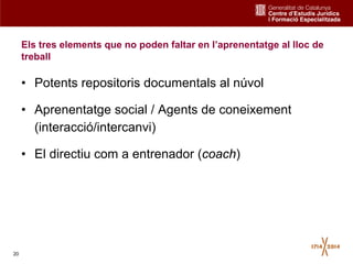 20
Els tres elements que no poden faltar en l’aprenentatge al lloc de
treball
• Potents repositoris documentals al núvol
• Aprenentatge social / Agents de coneixement
(interacció/intercanvi)
• El directiu com a entrenador (coach)
 