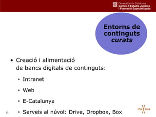 33
• Creació i alimentació
de bancs digitals de continguts:
• Intranet
• Web
• E-Catalunya
• Serveis al núvol: Drive, Dropbox, Box
Entorns de
continguts
curats
 