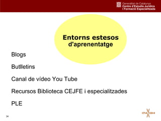 34
Blogs
Butlletins
Canal de vídeo You Tube
Recursos Biblioteca CEJFE i especialitzades
PLE
Entorns estesos
d'aprenentatge
 