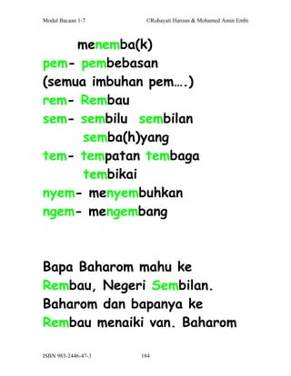 Modul Bacaan 1-7      ©Rohayati Haroun & Mohamed Amin Embi



     menemba(k)
pem- pembebasan
(semua imbuhan pem….)
rem- Rembau
sem- sembilu sembilan
      semba(h)yang
tem- tempatan tembaga
      tembikai
nyem- menyembuhkan
ngem- mengembang



Bapa Baharom mahu ke
Rembau, Negeri Sembilan.
Baharom dan bapanya ke
Rembau menaiki van. Baharom

ISBN 983-2446-47-3   184
 