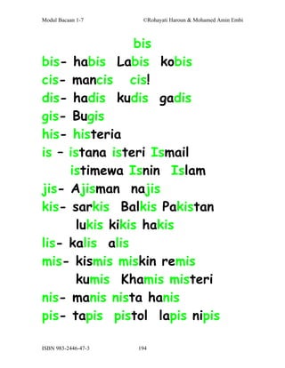 Modul Bacaan 1-7      ©Rohayati Haroun & Mohamed Amin Embi



                  bis
bis- habis Labis kobis
cis- mancis cis!
dis- hadis kudis gadis
gis- Bugis
his- histeria
is – istana isteri Ismail
     istimewa Isnin Islam
jis- Ajisman najis
kis- sarkis Balkis Pakistan
       lukis kikis hakis
lis- kalis alis
mis- kismis miskin remis
       kumis Khamis misteri
nis- manis nista hanis
pis- tapis pistol lapis nipis

ISBN 983-2446-47-3   194
 