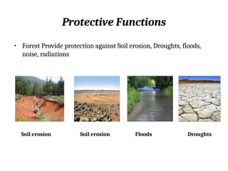 Protective Functions
• Forest Provide protection against Soil erosion, Droughts, floods,
noise, radiations
Soil erosion Floods
Soil erosion Droughts
 