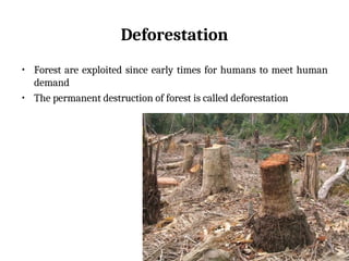 Deforestation
• Forest are exploited since early times for humans to meet human
demand
• The permanent destruction of forest is called deforestation
 