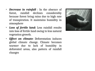 • Decrease in rainfall : In the absence of
forest, rainfall declines considerably
because forest bring rains due to high rate
of transpiration. It maintains humidity in
atmosphere
• Loss of fertile land: Less rainfall results
into loss of fertile land owing to less natural
vegetation growth.
• Effect on climate: Deforestation induces
global climate change. Climate becomes
warmer due to lack of humidity in
deforested areas, also pattern of rainfall
changes
 